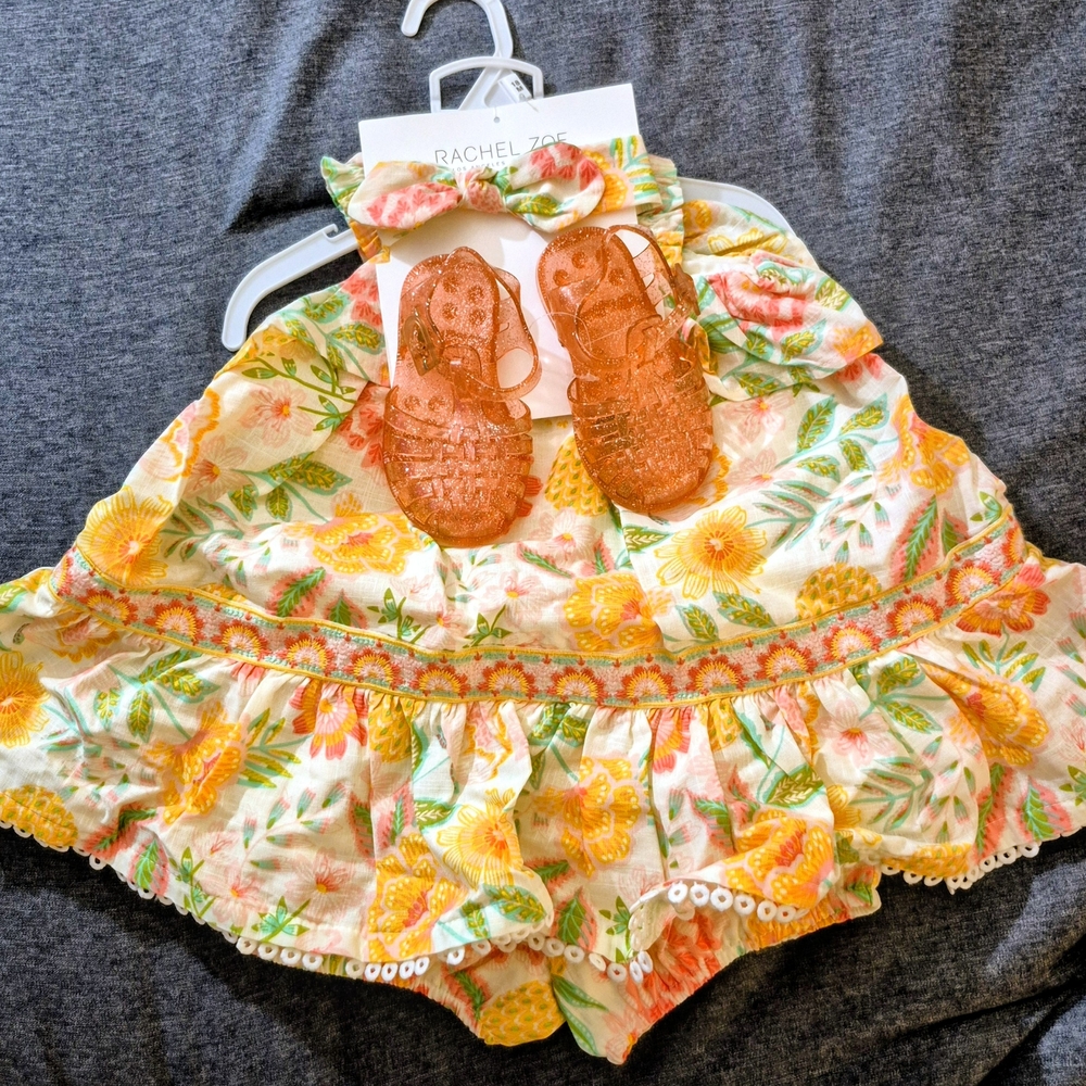 4 PC Floral Kids Dress Set with Orange Sandals